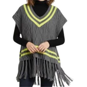 STEVE MADDEN V NECK GREY AND NEON STRIPED FRINGE KNIT PONCHO SZ ONE SIZE